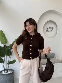 女士休闲针织短袖套头毛衣 - 巧克力棕 - 查看 5