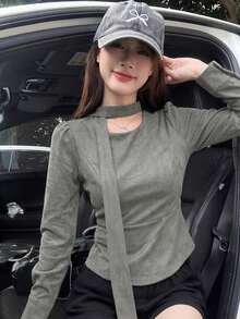 女款純色緞帶泡泡袖修身休閒襯衫 - 灰色 - 查看 1