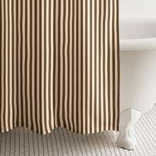 1PC Striped Shower Curtain For Bathroom, Brown Cream Vintage Striped Cotton Farmhouse Curtain Extra Long, Boho Bath Dec - 棕色 - 查看 2