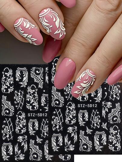 5D Nail Stickers White Complex Totem Line Design Slider Emboss Charm Elegant Decals Gift For Women Nail Art Supplies And Decorations DIY Manicure Accessories