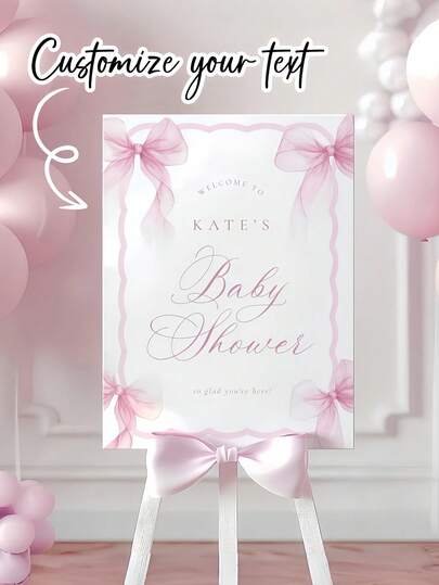 Cartel de bienvenida personalizado con lazo rosa, adecuado para baby shower, revelación de género y celebración de recién nacido - Fondo personalizado con nombre/texto, excelente para mamá, papá, familia, madres embarazadas, amigos