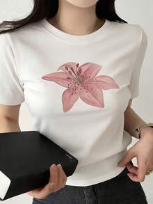 Women's White Short Sleeve Round Neck Polyester T-Shirt With Pink Lily Flower Print, High Stretch Fabric, Cropped Fitted Top, Suitable For Office, Casual And Daily Wear Summer - White - View 14