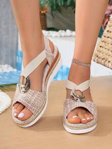 2026 Nuevas sandalias de mujer de talla grande para primavera/otoño, zapatos de pescador trenzados con cuerda, sandalias de plataforma con cuña, correa con hebilla, punta cerrada, hueco y de slip-on - Beis - Ver 4