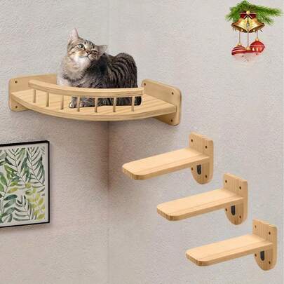 Juego de marco y percha para escalar para gatos montado en la pared - Madera de pino sólida natural resistente y duradera para muebles de gato montados en la pared, adecuados para gatos y gatitos de interior para jugar, escalar, descansar y participar en actividades diarias, con una capacidad de carga máxima de 12 kg. - Bordes lisos y sin rebabas y un diseño resistente y antideslizante que garantiza la de las mascotas.