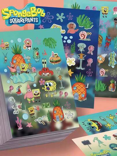 SpongeBob SquarePants SquarePants 8pcs/16pcs Cute Cartoon SquarePants Graffiti Cut Film Stickers And SquarePants Mermaid Character Handbook Stickers Cartoon Cute Waterproof Stickers, Cute Pattern Decorative Cards And Paper Tape, Random Color And Style (8pcs/Set)