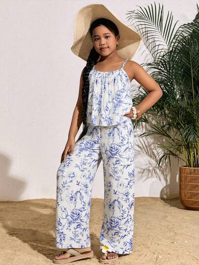 Girls' Ditsy Floral Vacation Set, Spaghetti Strap Tank Top And Wide Leg Floral Pants, Summer Outfit, Princess Style
