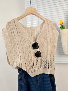 法式休闲镂空针织无袖上衣，轻盈透气防晒背心，女士夏季款 - 杏色 - 查看 4