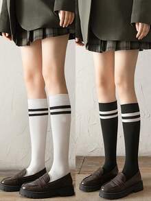 2pairs Women's Comfortable Black & White Stripe Over Knee High Socks For Fall And Winter, Cozy - 黑與白 - 查看 5