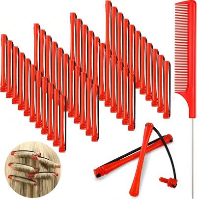 40 Pieces Hair Perm Rods Short Cold Wave Rods Plastic Perming Irons Hair Curling Rollers Curlers With Steel Pintail Comb Rat Tail Comb For Hairdressing Styling Supplies(Red)