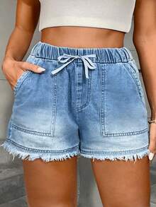 Plus Size Women's Washed Denim Shorts With Drawstring Elastic Waist And Distressed Hem, Suitable For Casual Summer Wear - Light Wash - View 2