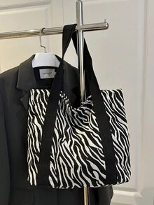 Fashionable Versatile Zebra Print Tote Bag, Casual Minimalist Textured Contrast Color Shoulder Handbag - Black and White - View 9