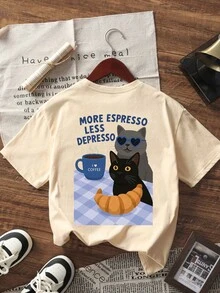 夏季新款休闲咖啡猫印花圆领短袖T恤，时尚百搭女式上衣 - 阿桑 - 查看 2