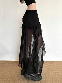 Falda larga asimétrica negra de poliéster con diseño de volantes y alta elasticidad para fiesta, estilo elegante para mujer de YeonC - Negro - Ver 7