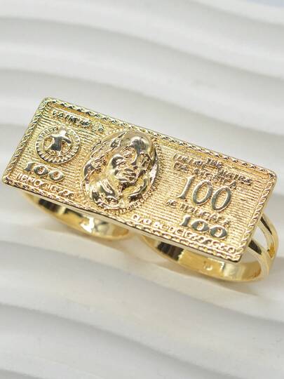 1 pieza Anillo de nudillo hueco con diseño de billete de dólar estadounidense chapado en oro de 14k, adecuado para uso diario de hombres y mujeres, fiestas, Halloween, Navidad, Pascua, mejor regalo para el novio