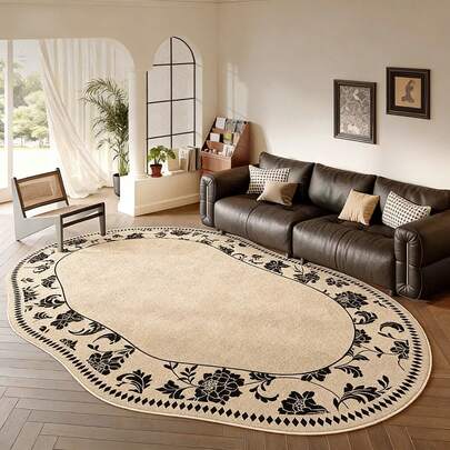 1pc Vintage Black Floral Wave Oval Shaped Rug, Classic French Style Decor Carpet For Living Room Sofa, Bedroom Bedside, Entryway, Boutique Hotel, New Chinese Style Space, Healing Home Decor, -Worthy Photo Prop. Asymmetric Size With 1-5cm Trimming Tolerance, Washable Decorative Rug