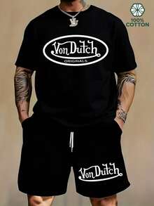 Men's 2PC " ORIGINALS" Print T-Shirt & Shorts Set, 100% Cotton, Lightweight, Breathable, Soft Comfort,  Streetwear, Casual Outfit For Summer, Vacation, Daily Wear & Outdoor Activities - màu đen - Xem 2