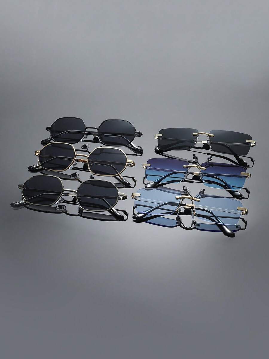 6pcs Men Small Square Rimless Vintage Classy Aesthetic Street Style Classic Delicate Fashion Glasses For Street Snap Musical Festival Business Appointment Outfits Party Decoration - 彩色 - 查看 1