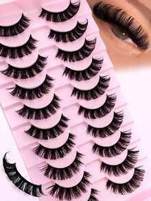 10 Pairs D Curl Russian Style False Eyelashes, Cat Eye Effect, Natural Fluffy Faux Mink Lashes, Thick And Long, Create Charming Lifted Eye Makeup - Black - View 7