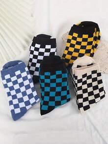 5 Pairs Minimalist Colorful Checkerboard Pattern Mid-Calf Socks - Multicolor - View 2