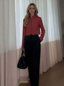 Women's Elegant Vintage Mandarin Collar Solid Color Button-Up Long Sleeve Blouse, Machine Washable, Non-Stretch H-Line Regular Fit, Lightweight For Spring/Autumn, Casual, Office, Vintage, Simple, Elegant Button-Up Design Top, Refined Appearance, Suitable For Chinese New Year/Valentine's Day Office/Casual Gathering/Brunch/Date/Outing/Art Gallery Visit/Cocktail Party - 酒紅色 - 查看 5