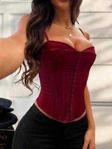 Sexy Solid Color Front Grommet Eyelet Lace Up Back Corset Top Shapewear Backless Adjustable Straps Crop Tank Top Suitable For Party Going Out Date Halloween's Festival Outfit Music Festival Tank Top For Women - Màu Đỏ Sâu - Xem 10