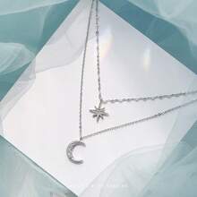 1pc Luxury Design Silver Rhinestone Star & Moon Dual Necklace, Delicate Women Clavicle Chain - Silver - View 5