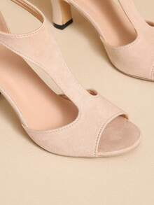 Giày sandal hở mũi gót vuông cho nữ, giày cao gót quai chữ T có khóa kéo thời trang, giày cao gót cổ điển đa năng. - Màu be - Xem 9