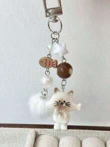 New Women Cute Cartoon Cat Keychain Heart Plush Ball Star Beaded Accessory Phone Strap Bag Charm Gift Backpack Decor Car Accessories For Best FriendValentine's Day Gift For Her SSYQValentine's Day Gift For Her - 棕色 - 查看 8