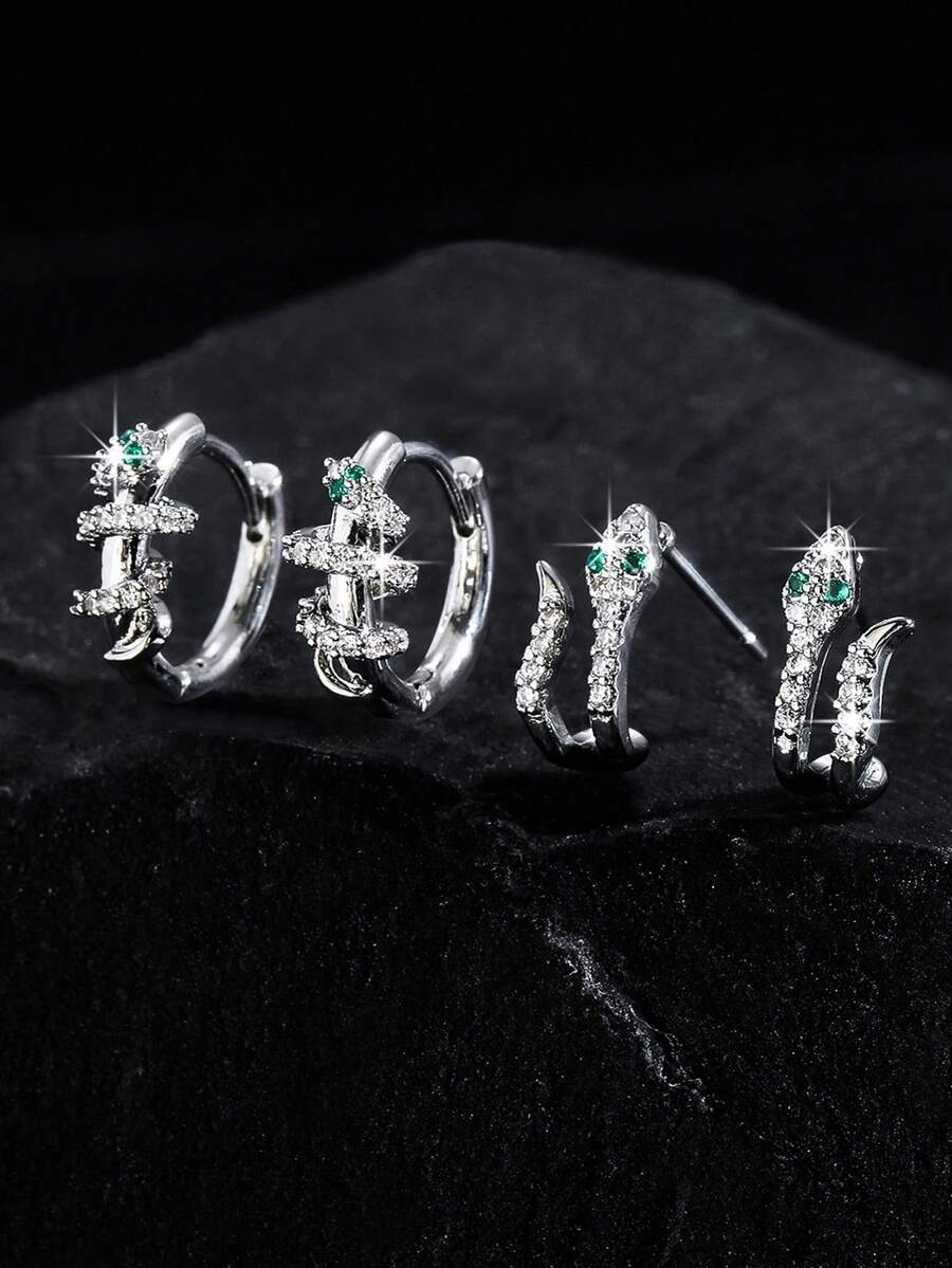 1 Pair 2pcs/Set Luxury Zirconia Snake Wrap Ear Cuff, Unique Fashion Ear Cuff Earrings, Unisex Suitable For Special Occasions, Festivals And Parties - Silver - View 1