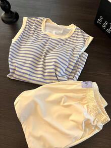 女士休闲条纹无袖睡衣套装，宽松短裤夏季新款家居服 - 藍色 - 查看 4