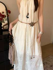 1 chiếc dây thắt eo bằng polyester kiểu Bohemian cổ điển hình hoa sen - màu nâu - Xem 1