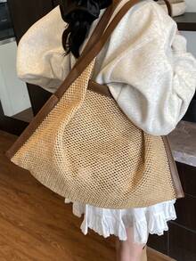 Large Capacity Straw Tote Bag For Women, Casual Commuter Shoulder Bag, Vacation Style Woven Handbag - Brown - View 4