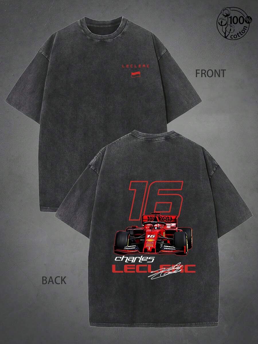 Charles Leclercs FormulaOne Sweatshirt, F1 Shirt, F1 Two Sides Shirt, Charles Leclercs Shirt, Charles Leclercs F1 Shirt, Charles Leclercs 16 , Vintage Wash Pattern T-Shirt For Men, 230G Washed Cotton High-Quality Cotton Printed Men's T-Shirt, Vintage Washed T-Shirt, Men's Clothing, Suitable For Daily Wear, Street Retro And Outdoor Sports And Leisure, All Cotton T-Shirt - màu đen - Xem 1