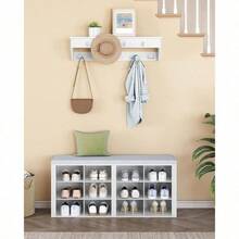 Hzuaneri Hallway Shoe Bench With Coat Rack Wall Mount, 12 Open Storage Compartments & 9 Hooks, Adjustable Shelves For Entryway Living Room, White - White and Gray - View 3