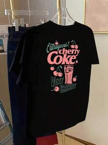 Top,Women Clothes,Valentine's Day>Clothes,Cute Top Front And Back Design Short-Sleeve T-Shirt - Cherry Cola, Women's Fashion Print, Spring-Summer T-Shirt, Fashion Item, Suitable For Birthday, Valentine's Day Gifts, And Daily Wearsummer Outfits For Women100 Percent Cotton Clothing - 黑色 - 查看 2
