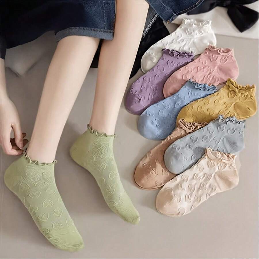 5双装女士春夏荷叶边短袜，舒适透气，百搭可爱爱心蕾丝边袜 - 彩色 - 查看 1