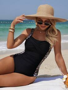 性感露背无袖豹纹针织连体泳衣比基尼泳装（女士款） - 黑色 - 查看 2