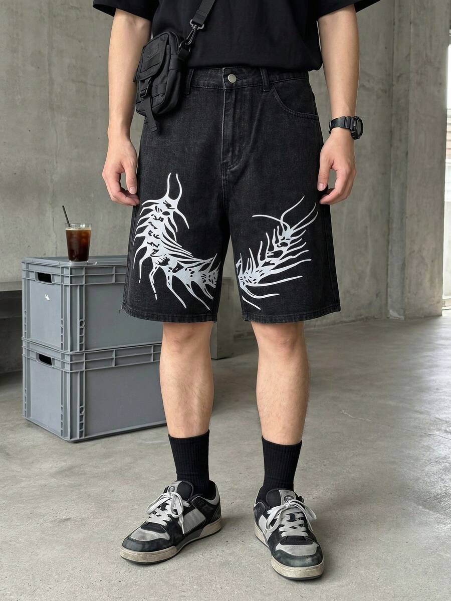 Pantalones cortos vaqueros de pierna recta con estampado para hombres LIYS, pantalones cortos casuales tipo bermuda de estilo gótico personalizados - Negro - Ver 1