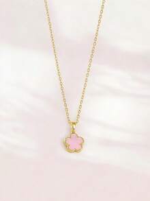 1 Necklace & 1 Bracelet Set, Fashionable Luxury Minimalist Gold-Tone Clover Flower & Oval Pendant, Copper Material, Suitable As Girlfriend, Wedding, Graduation, Date Gift - Pink - View 3