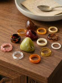 CHOSHILAR 14pcs Transparent Resin Asymmetrical Shaped Ring Set, Personalized Gradient Floral Pattern Rings (Note: Due To The Handmade Gradient Dyeing Process, Each Ring's Pattern Is Unique, And There May Be Some Color Variations Between Batches) - Color 3 - View 3
