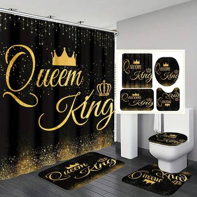 Bộ 1/3/4 món đồ dùng phòng tắm bằng polyester chống thấm nước, đính kim sa đen và vàng, kèm 12 móc treo, thảm phòng tắm hình chữ U, bọc bồn cầu tròn, bộ phụ kiện phòng tắm đa năng.