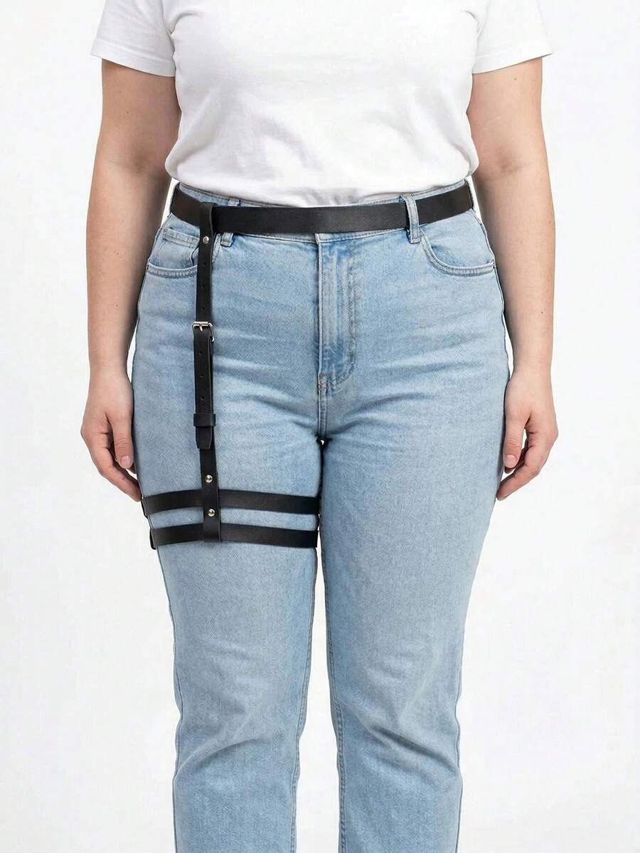 1件装女士PU皮革大腿吊袜带性感束缚带哥特朋克服装配饰派对圣诞节 - 黑色 - 查看 1