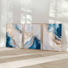 3 Piezas Pintura en lienzo de mármol abstracto azul y dorado, impresiones modernas de lujo de tinta fluida y geoda, decoración abstracta de dorado y azul verdoso para sala de estar y dormitorio, decoración minimalista y bohemia para el hogar, sin marco - 810 - Ver 9