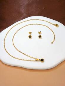 Bộ trang sức nữ bằng thép không gỉ thanh lịch gồm 3 món, dây chuyền mặt tròn pha lê đen và bông tai, thích hợp làm quà tặng dự tiệc, đám cưới, sinh nhật, Ngày của Mẹ, quà tặng tựu trường. - Nhiều màu - Xem 3