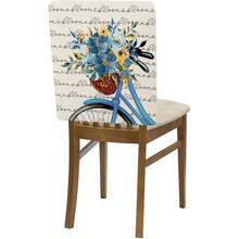 1pc/4pcs Blue Bicycle Flower Chair Back Cover Protector, Spring New Polyester Washable Chair Slipcover For Home, Dining Room, Living Room, Kitchen Decor - Multicolor - View 7