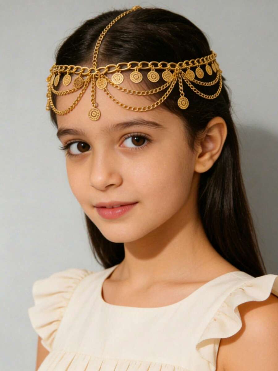 Personalized Fashion Sparkling Diamond Multi Layer Tassel Chain, Round Pendant Headband, Bridal Headband, Hair Accessories Chain, Elegant Wedding Hair Accessories, Handmade Girls' Daily Hair Accessories, School Supplies Accessories Girls' Headband, Girls' Crown, Wedding Essential Items, Wedding Party Hair Accessories, 18K Gold Plated Gifts/Suitable For Mother's Day/Campus Activities/Various Party Events