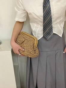 Women's Beige Straw Woven Frame Clutch Bag, Boho Raffia Handbag, Casual Beach & Vacation Purse For Summer - 卡其色 - 查看 6