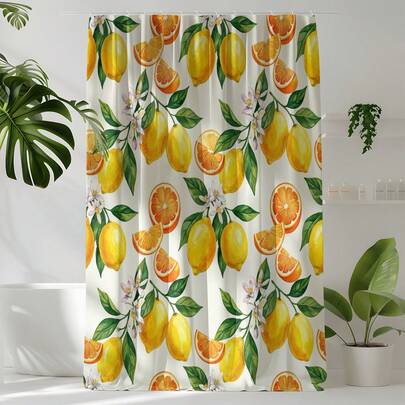 1pc Lemon Print Shower Curtain, High Quality Home Decor Curtain, Modern Versatile Bathroom Matching, All Season Shower Curtain With 12 Hooks
