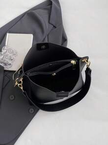 Korean High-End Versatile Bucket Bag, Fashionable And Solid Color Shoulder Bag, Retro And Niche Design, Women's Shoulder Bag Suitable For Work, Commuting, Daily Outings, Shopping And Dating - Black - View 10