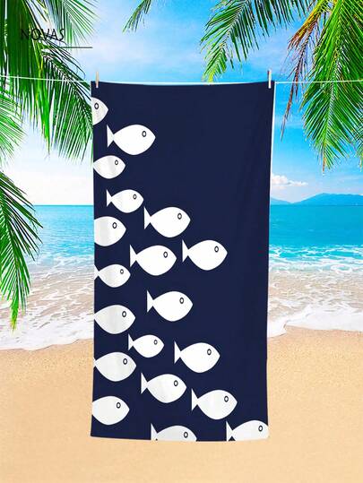 1 chiếc khăn tắm biển màu xanh hải quân in hình cá trắng, kiểu dáng tối giản, cỡ lớn, nhanh khô, chống cát, thấm hút tốt, thích hợp cho mùa hè ở bãi biển, hồ bơi, du lịch biển, cắm trại, tiệc độc thân, dã ngoại.